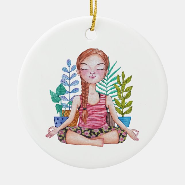 Meditating Girl With  Plants Ceramic Tree Decoration (Front)