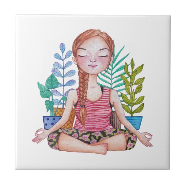 Meditating Girl With Plants Tile (Front)