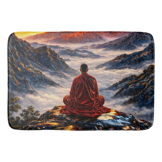Meditating Monk on Mountain at Sunset Bath Mat (Front)