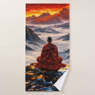 Meditating Monk on Mountain at Sunset Bath Towel Set