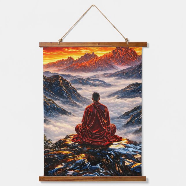 Meditating Monk on Mountain at Sunset Hanging Tapestry (Front)