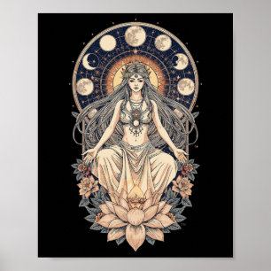 Meditating Woman Lotus Moon Phases Celestial Yoga Poster