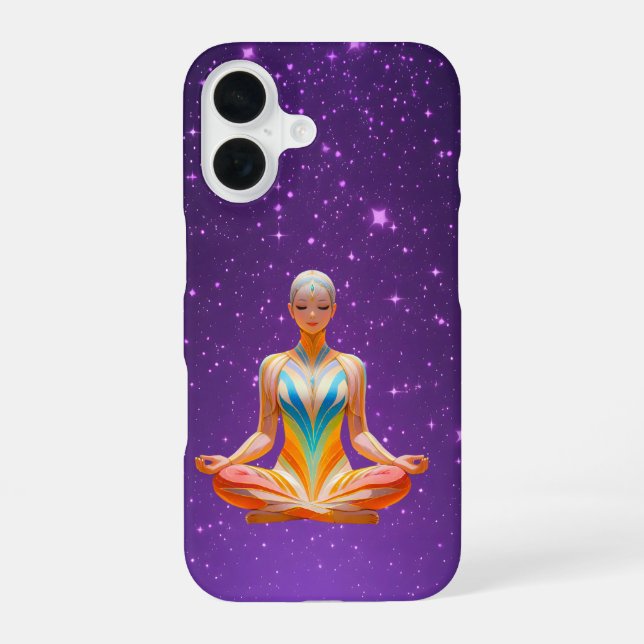 Meditating woman & starry purple sky iPhone 16 case (Back)