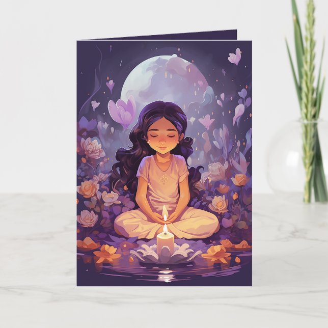 Meditating Yoga Girl Crystal Purple Lotus Birthday Card (Front)