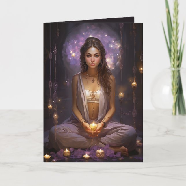 Meditating Yoga Girl, Crystals Amethyst Birthday Card (Front)