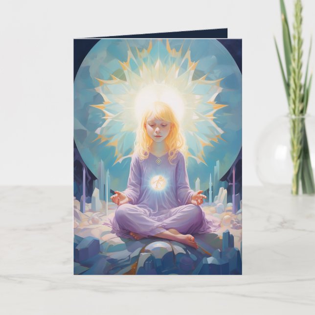 Meditating Yoga Girl Crystals Blue Purple Birthday Card (Front)
