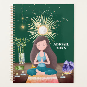 Meditating Yoga Girl Crystals Earthy Green Planner