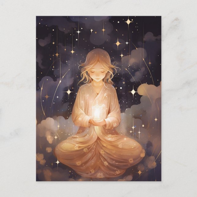 Meditating Yoga Girl, Dreamy Star Clouds Celestial Postcard (Front)