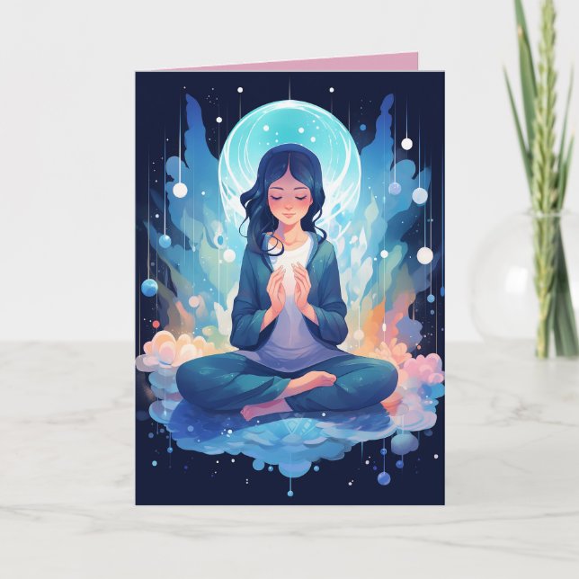 Meditating Yoga Moon Clouds Celestial Birthday Card (Front)