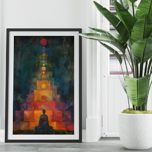 Meditating Yogi Before Chakra Coloured Stairs Pain Poster