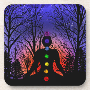 Meditation and the Trees on a starry night Sunset Coaster