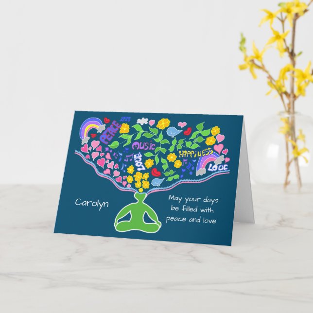 Meditation on peace, love, happiness. Personalised Card (Yellow Flower)