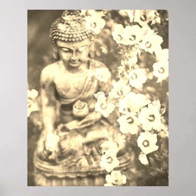*~* Meditation Zen Buddha Meditate Flowers Gold Poster (Front)