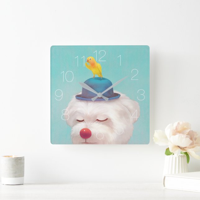Meditative Clown Dog Portrait Square Wall Clock (Home)