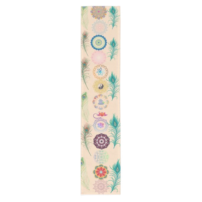 Meditative Elegance: Mandalas and Peacock Feathers Short Table Runner (Front)