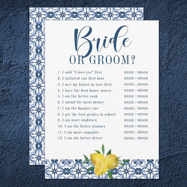 Mediteranean Blue Tile Lemon Bridal Shower Game Invitation (Creator Uploaded)