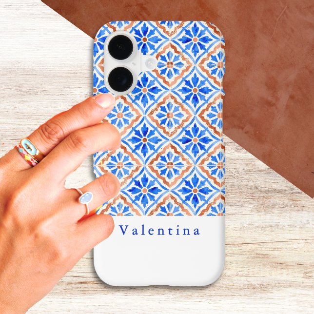 Mediterranean Abstract Tile Pattern Personalised (A phone case with Mediterranean-inspired blue, terracotta and white geometric tile pattern)