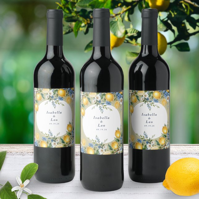 Mediterranean Amalfi Lemon Personalised Wedding Wine Label (Elegant personalized wedding wine labels with watercolor-style lemons, greenery and florals)