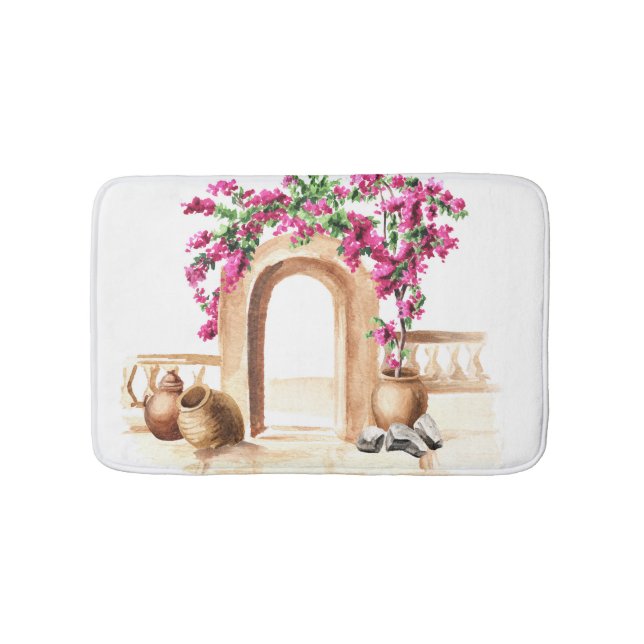Mediterranean architecture, flowers, watercolor, h bath mat (Front)
