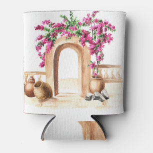 Mediterranean architecture, flowers, watercolor, h can cooler