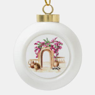 Mediterranean architecture, flowers, watercolor, h ceramic ball christmas ornament
