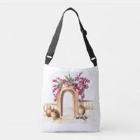 Mediterranean architecture, flowers, watercolor, h