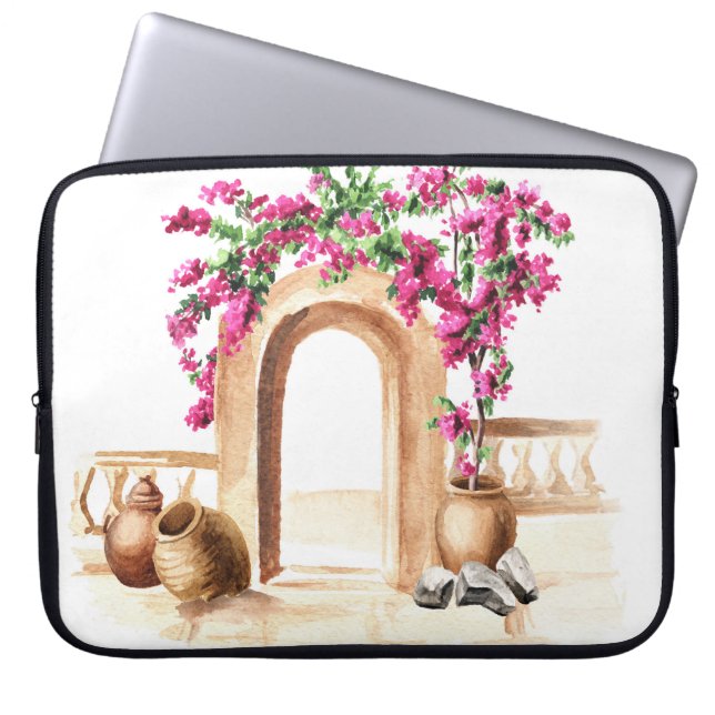 Mediterranean architecture, flowers, watercolor, h laptop sleeve (Front)