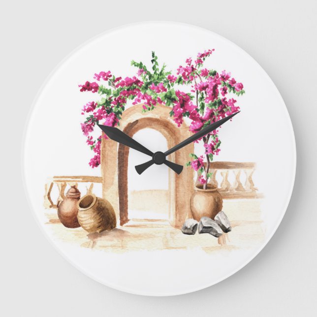 Mediterranean architecture, flowers, watercolor, h large clock (Front)