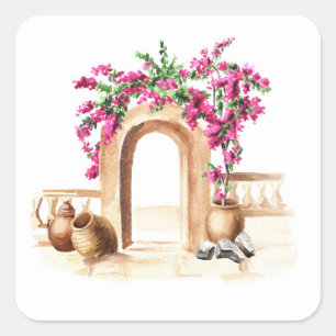 Mediterranean architecture, flowers, watercolor, h square sticker