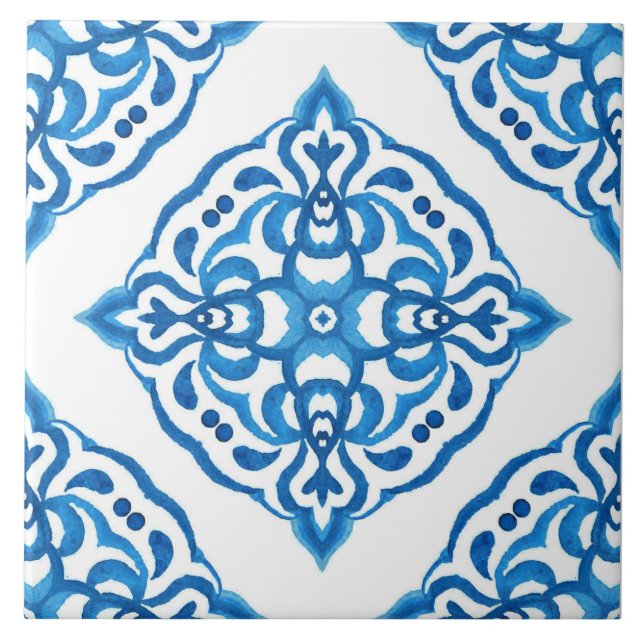 Mediterranean Azulejo Blue White Damask Tile (Front)