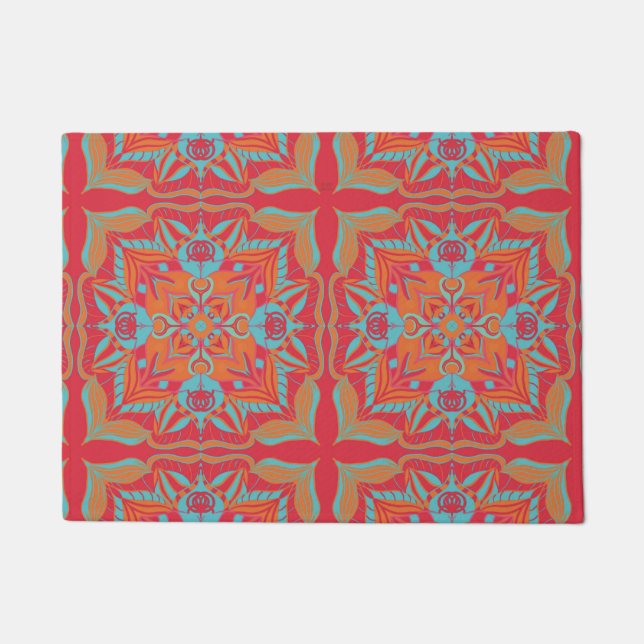 Mediterranean Azulejo Coral Floral   Doormat (Front)