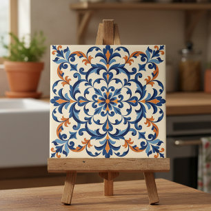 Mediterranean Azulejo Style Navy Blue and Orange Tile