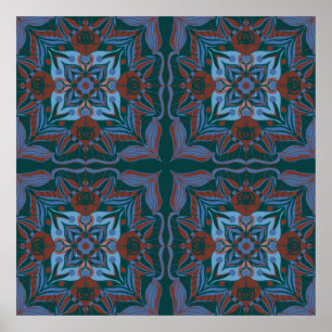 Mediterranean Azulejo Teal Floral Poster