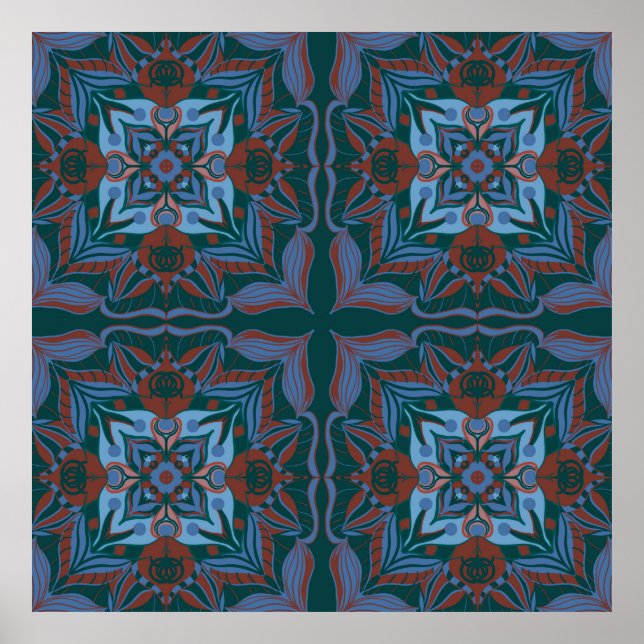 Mediterranean Azulejo Teal Floral Poster (Front)