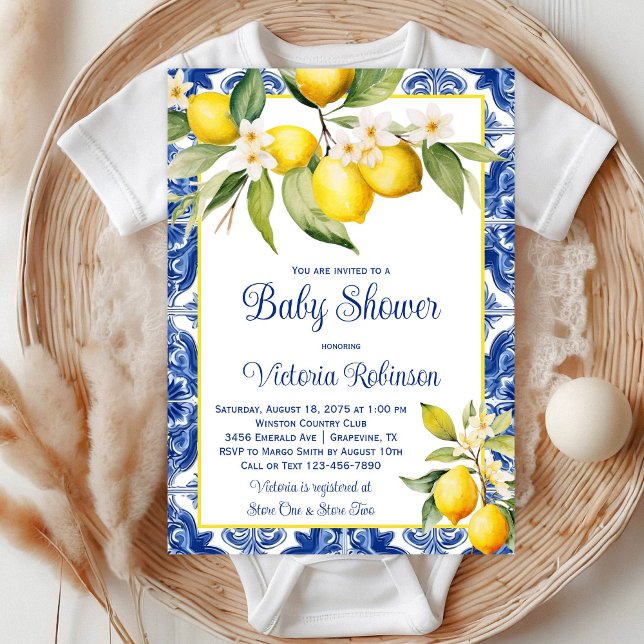 Mediterranean Azulejo Tile Lemon Baby Shower Invitation (Beautiful blue tile and lemon baby shower invitation. )