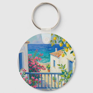 Mediterranean Balcony Lemon Bougainvillea Sea View Key Ring