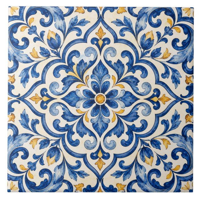 Mediterranean Blue and Gold Ceramic Tile (Front)