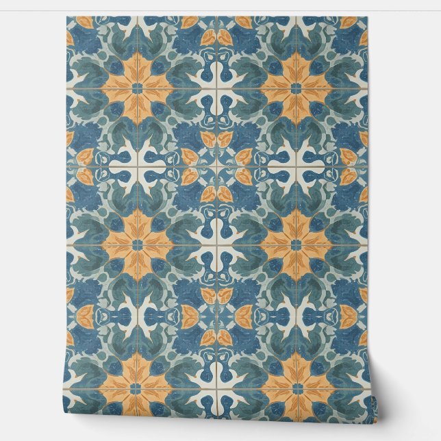 Mediterranean Blue and Gold Pattern Wallpaper (Unrolling)