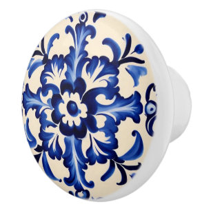 Mediterranean Blue and White Abstract Folk Art Ceramic Knob