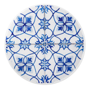 Mediterranean Blue and White Retro Tile Look Ceramic Knob