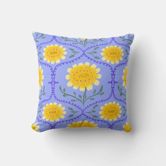 Mediterranean Blue and Yellow Floral Greek Flora  Cushion (Front)