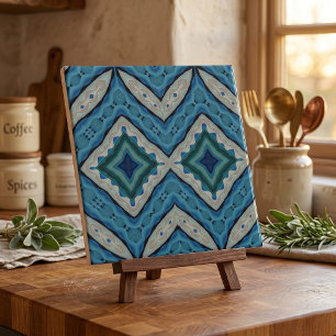 Mediterranean Blue Beige Mosaic Geometric Pattern Tile