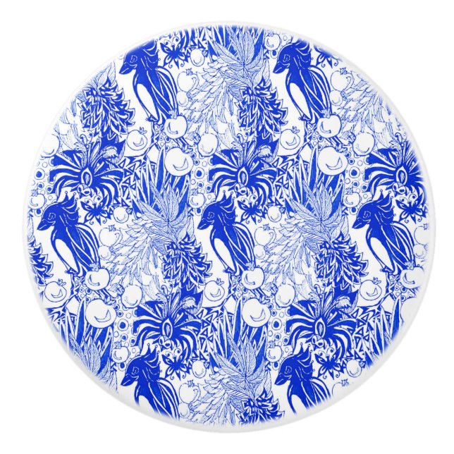 Mediterranean Blue Birds and Pomegranates  Ceramic Knob (Front)