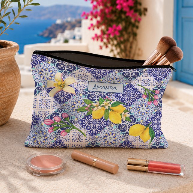 Mediterranean Blue Citrus Majolica Tile Pattern Accessory Pouch (Creator Uploaded)