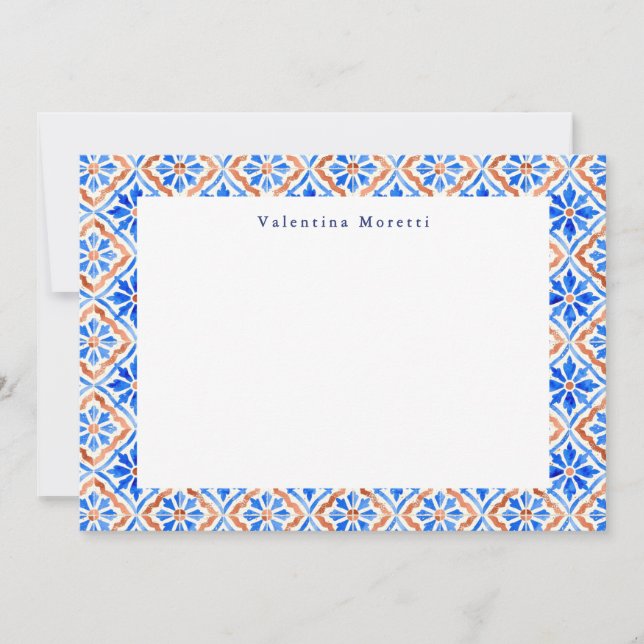 Mediterranean Blue Elegant Tile Pattern Custom Card (Front)