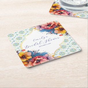 Mediterranean Blue Floral Bridal Shower Square Paper Coaster
