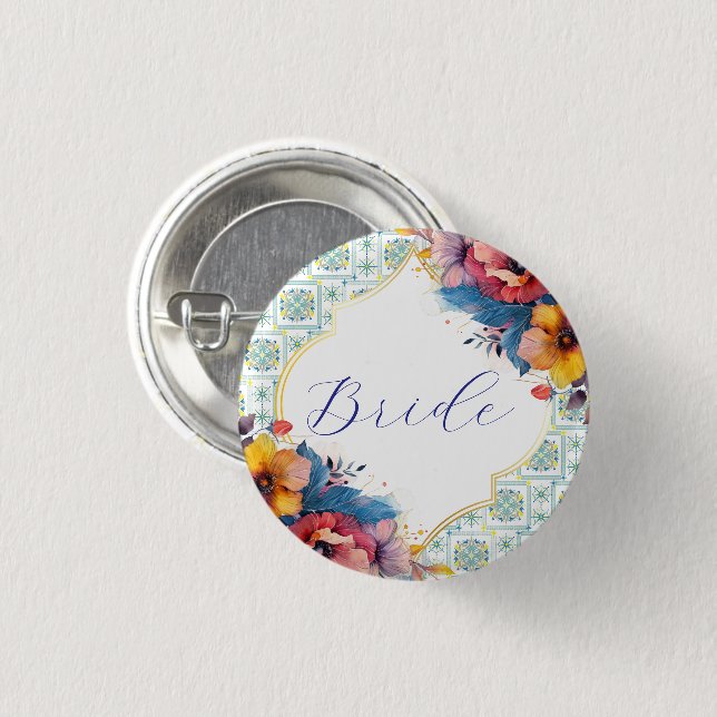 Mediterranean Blue Floral Bride to be  3 Cm Round Badge (Front & Back)