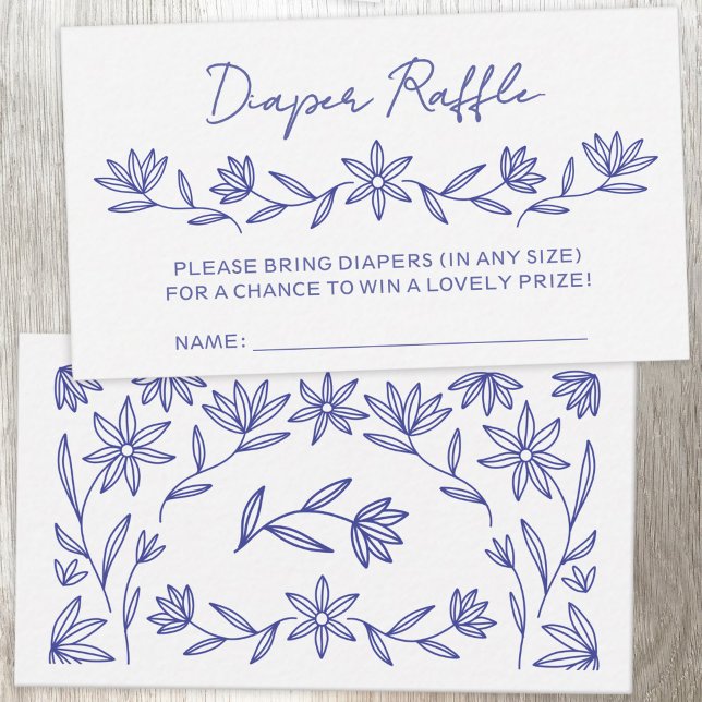 Mediterranean Blue Floral Diaper Raffle Enclosure Card (Modern Mediterranean blue and white floral wildflower line art diaper raffle baby shower enclosure)