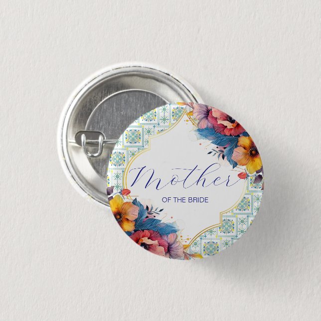 Mediterranean Blue Floral Mother of Bride   3 Cm Round Badge (Front & Back)
