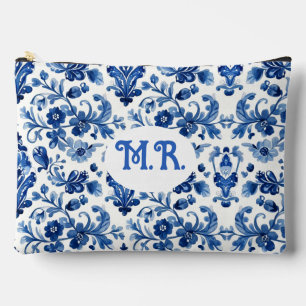 Mediterranean Blue Floral Tile Monogram Accessory Pouch